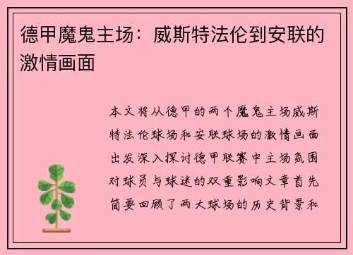 德甲魔鬼主场：威斯特法伦到安联的激情画面
