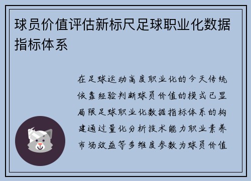 球员价值评估新标尺足球职业化数据指标体系