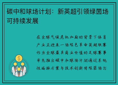 碳中和球场计划：新英超引领绿茵场可持续发展